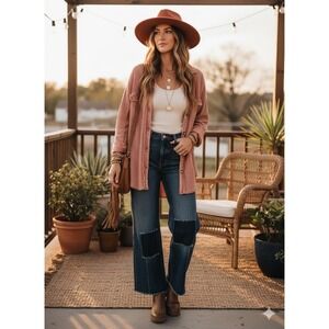 BKE Boyfriend Rose Waffle Knit Thermal Button Up Distressed Coastal boho grunge